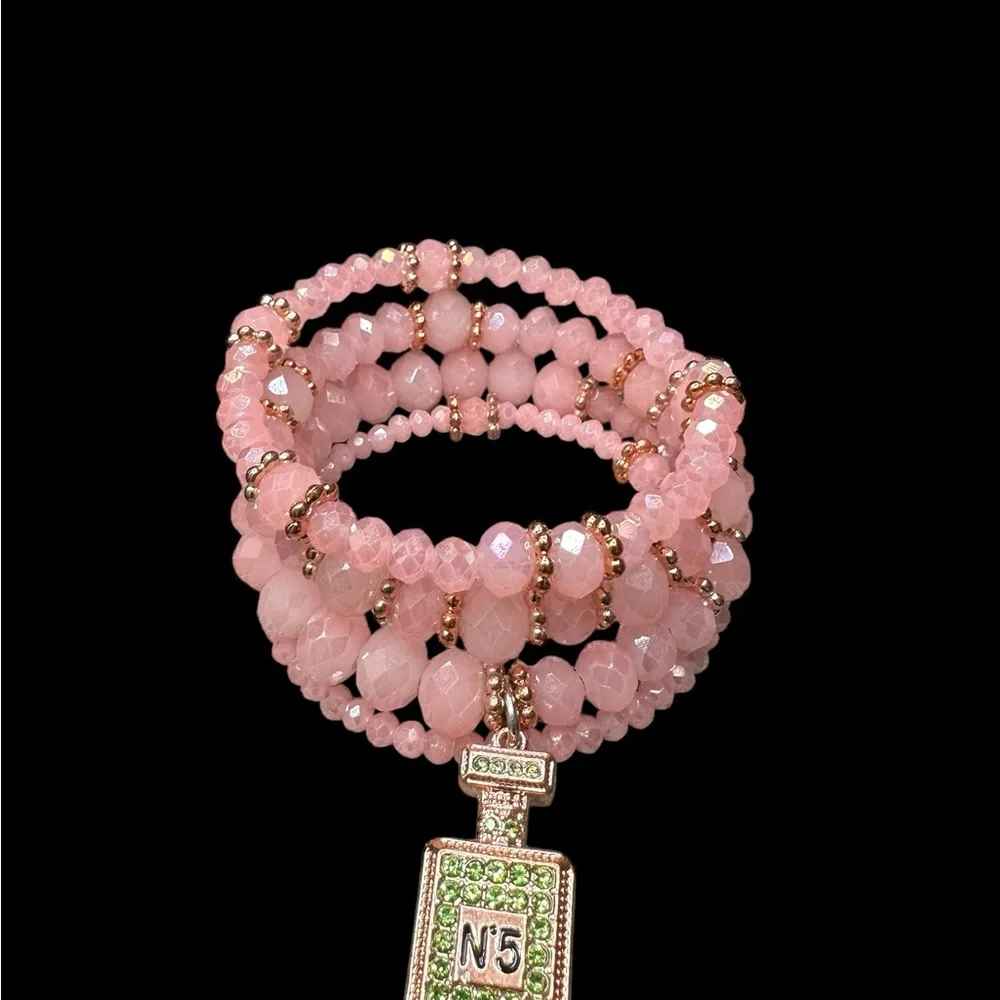 Pink Beaded Memory Bracelet with Perfume Bottle Charm - Picture 4 of 10
